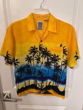 Ocean Current Yellow Blue Palm Silhouette Camp Shirt